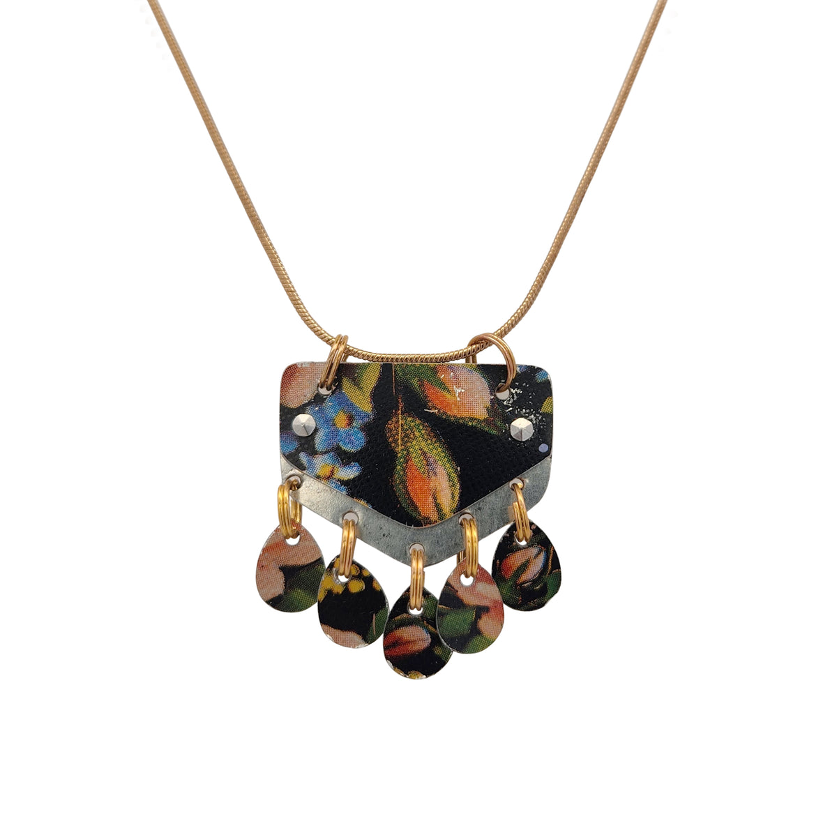 Black & Peach Floral Dangle Vintage Tin Pendant