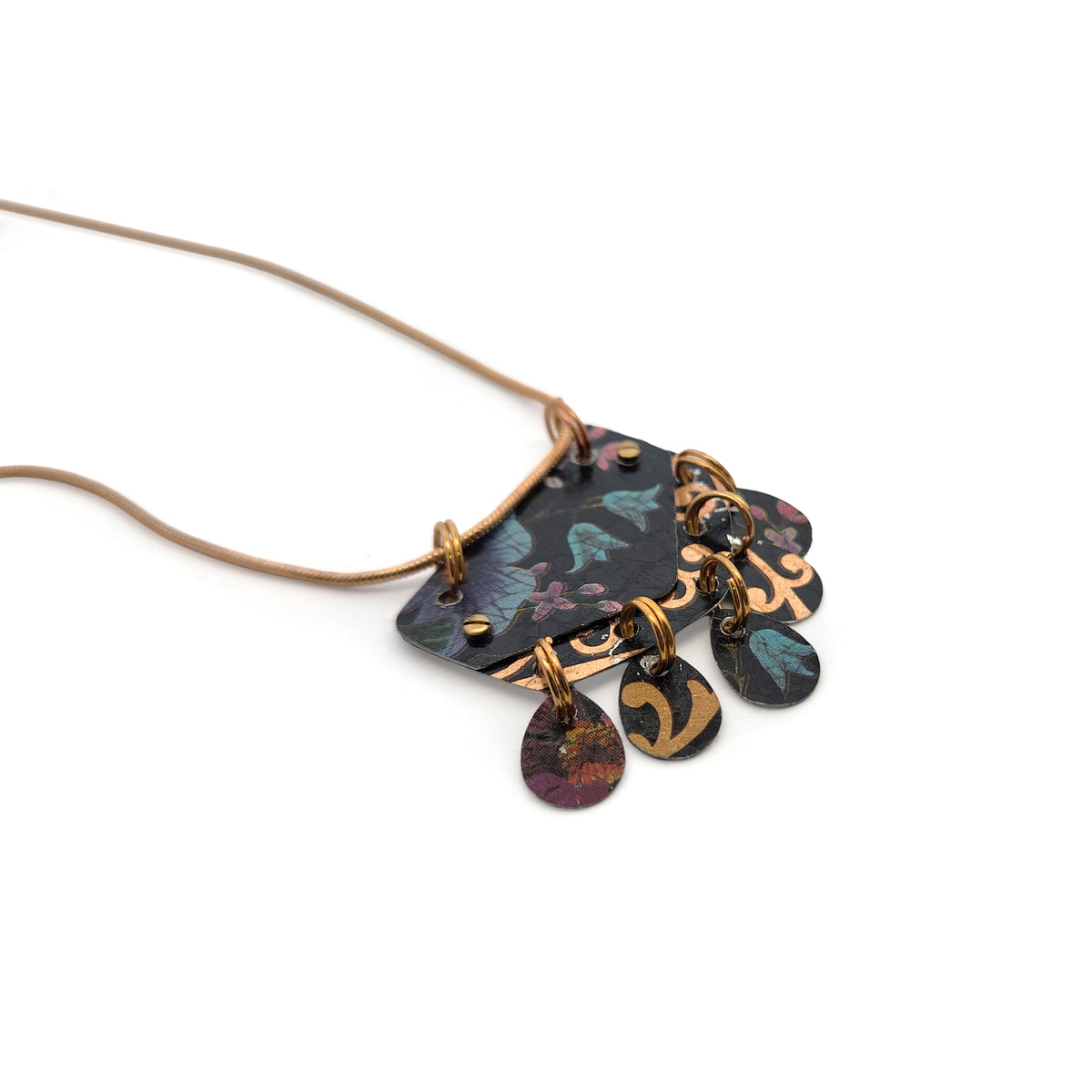 Black & Blue Floral Dangle Vintage Tin Pendant