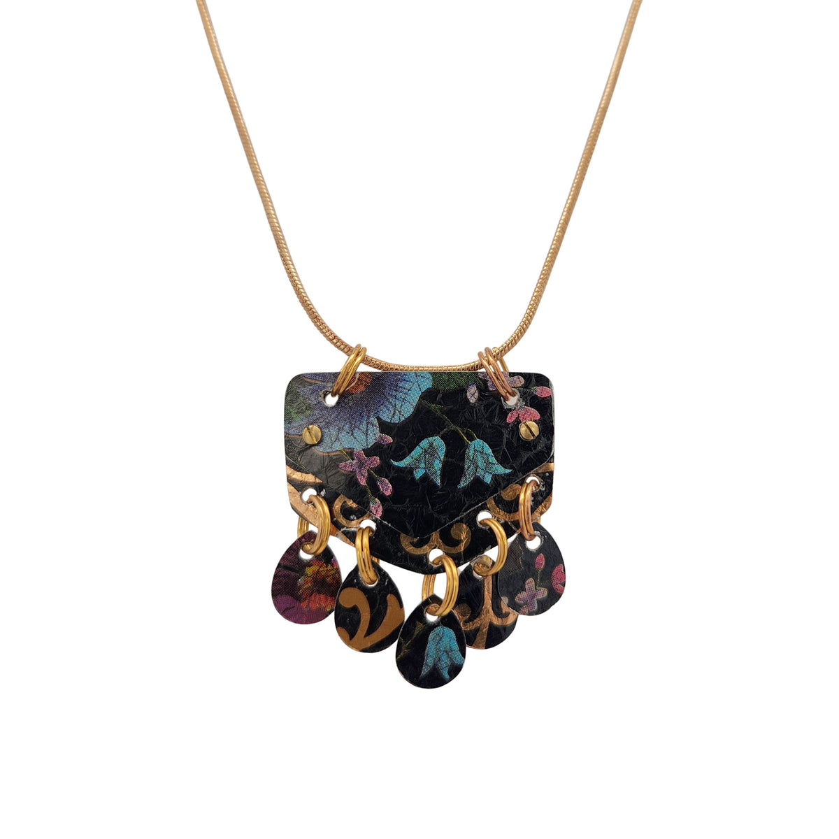 Black & Blue Floral Dangle Vintage Tin Pendant