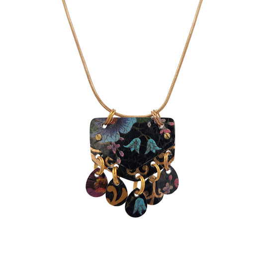 Black & Blue Floral Dangle Vintage Tin Pendant