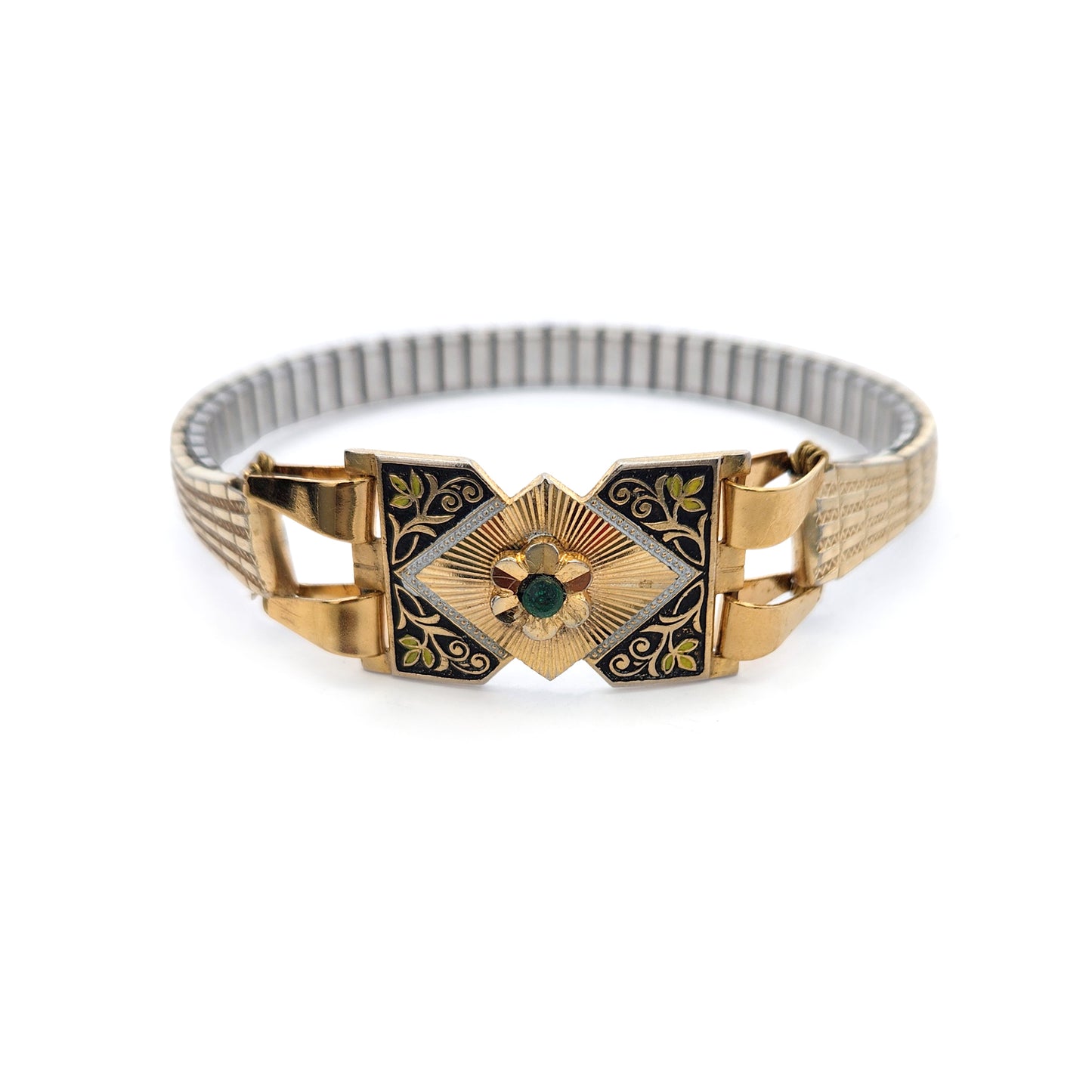 Vintage Emerald & Damascene Link Watch Band Bracelet
