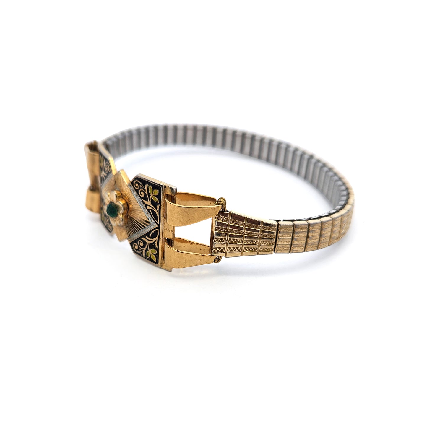 Vintage Emerald & Damascene Link Watch Band Bracelet