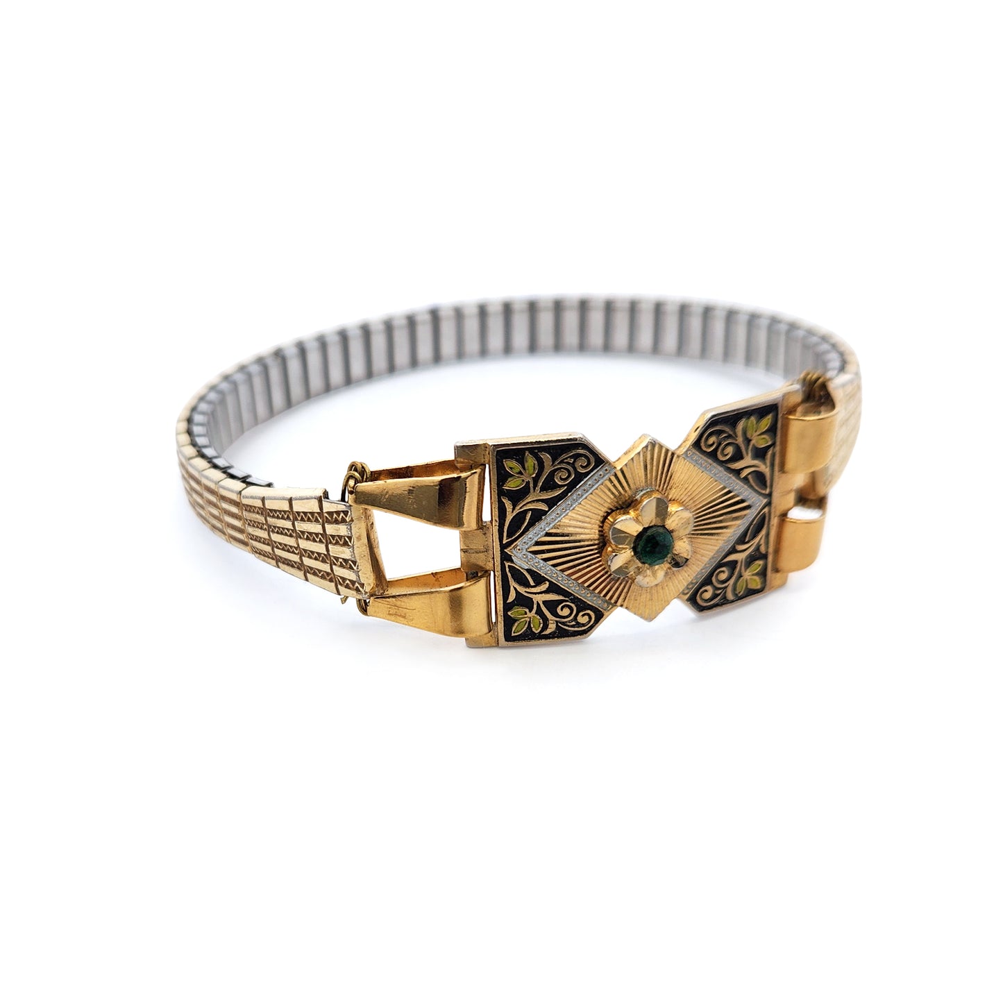 Vintage Emerald & Damascene Link Watch Band Bracelet
