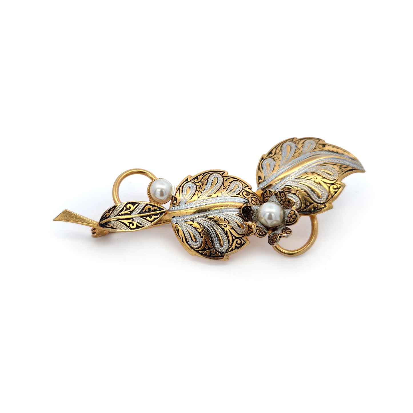 Vintage Long Leaf & Pearl Brooch