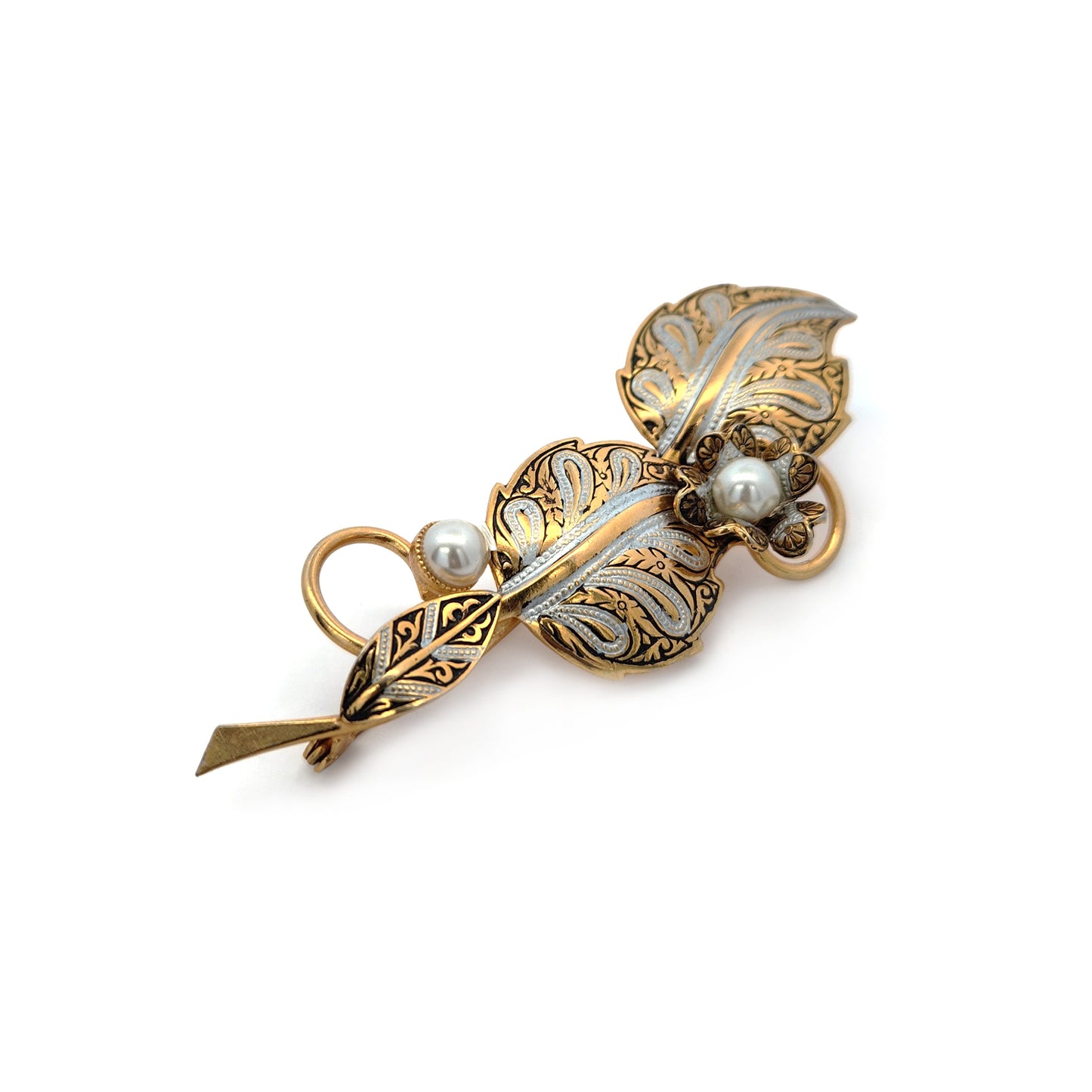Vintage Long Leaf & Pearl Brooch