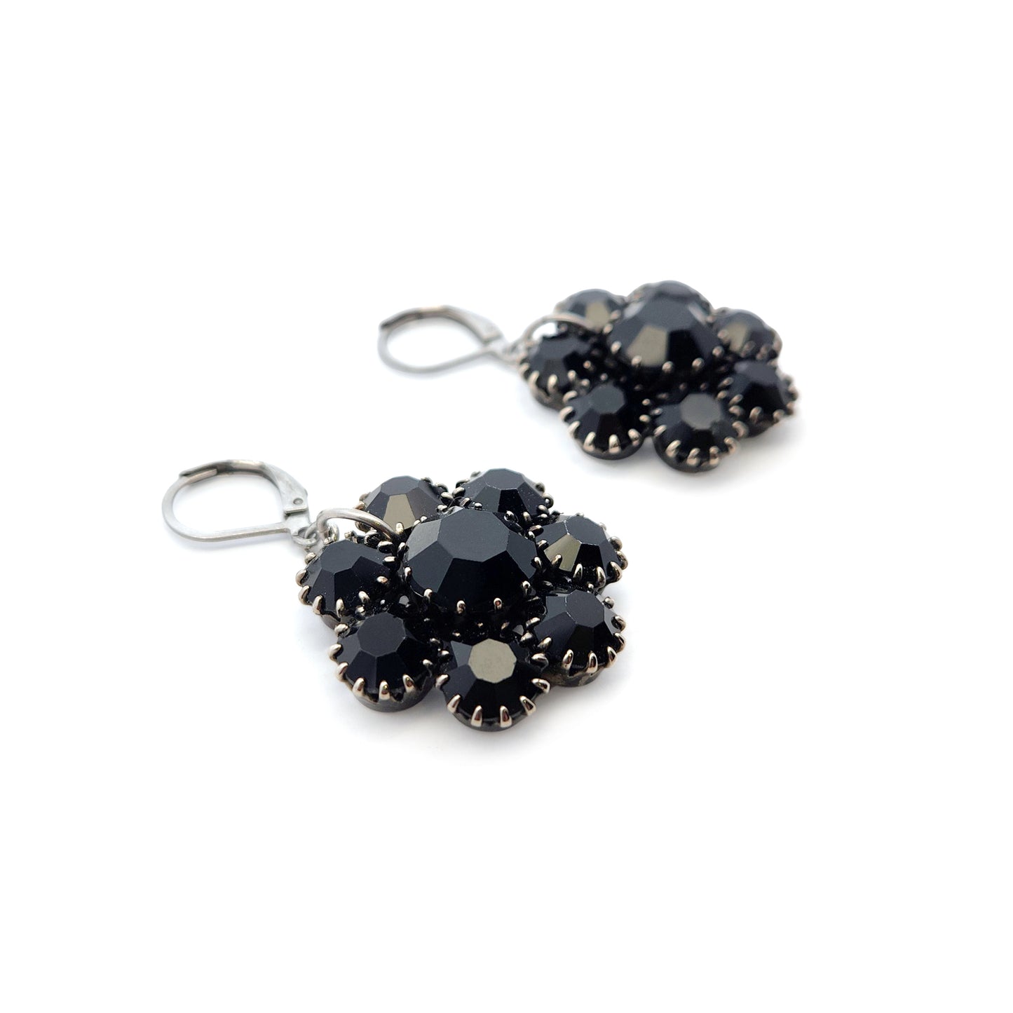 Vintage Black Crystal Flower Earrings