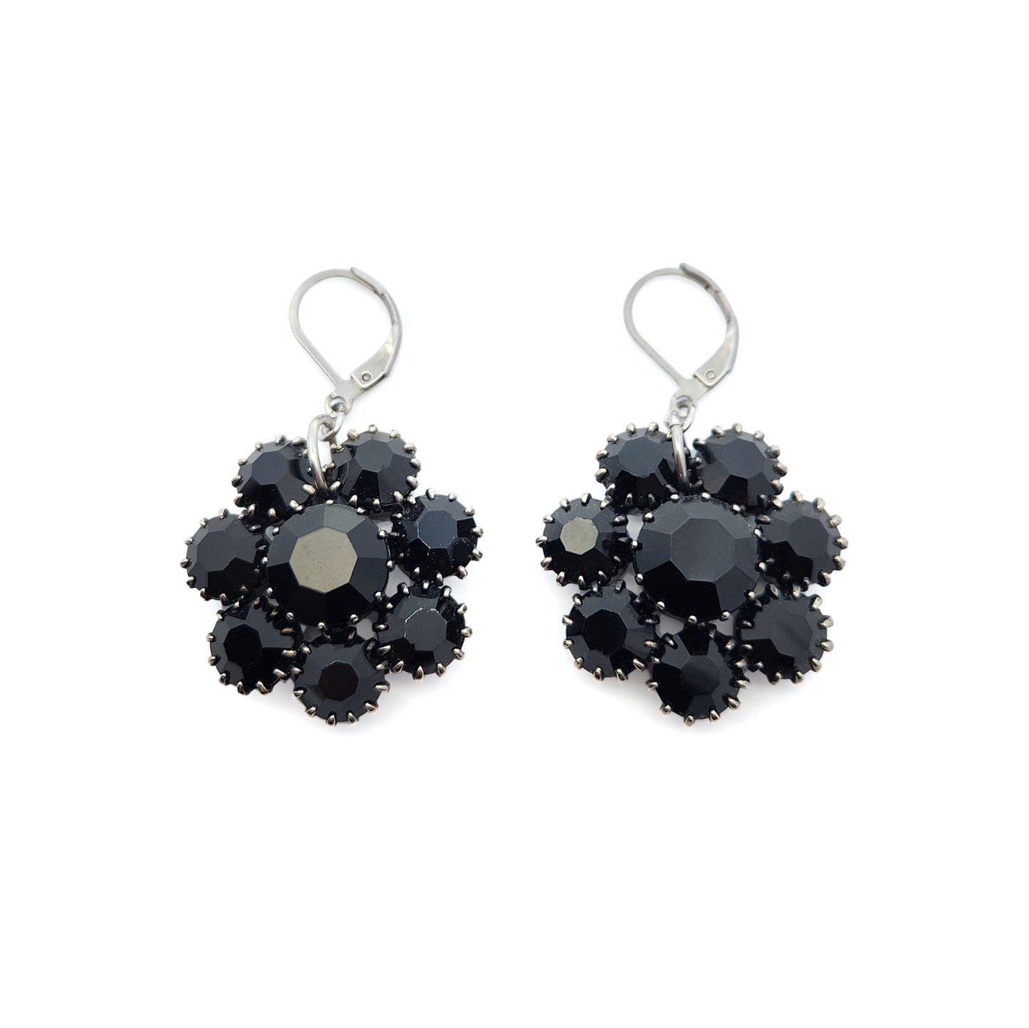 Vintage Black Crystal Flower Earrings