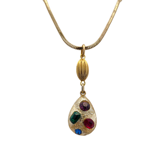 Vintage Gold-Tone Multicolor Rhinestone Teardrop Necklace