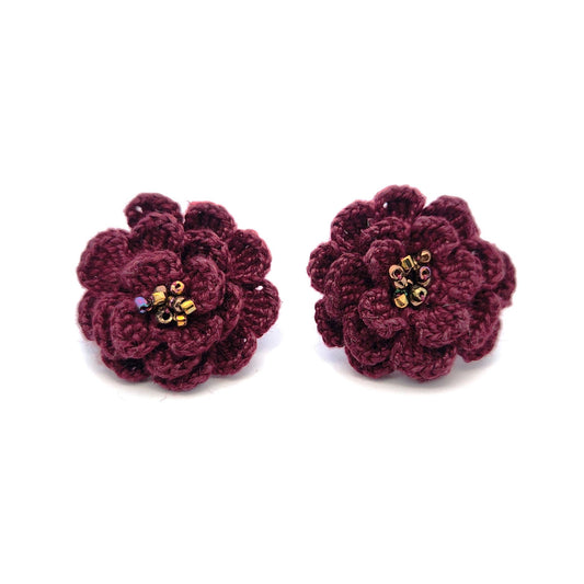 Dark Red Carnations Embroidery Earrings