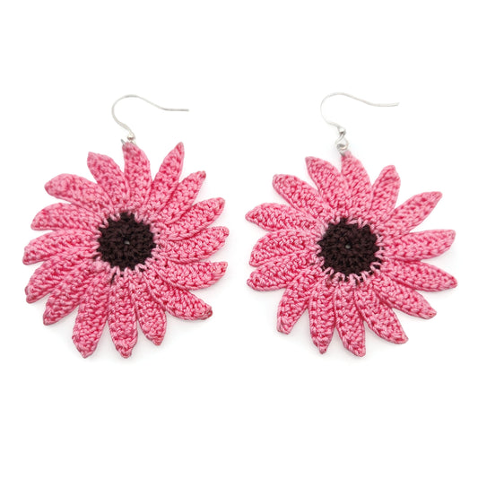 Pink Echinacea Flower Embroidery Earrings