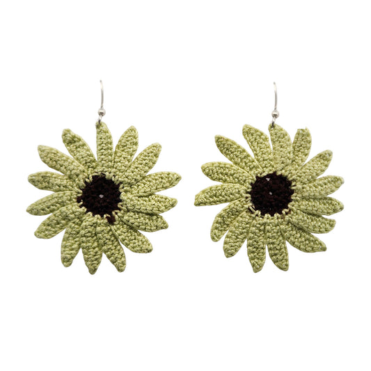Green Echinacea Flower Embroidery Earrings