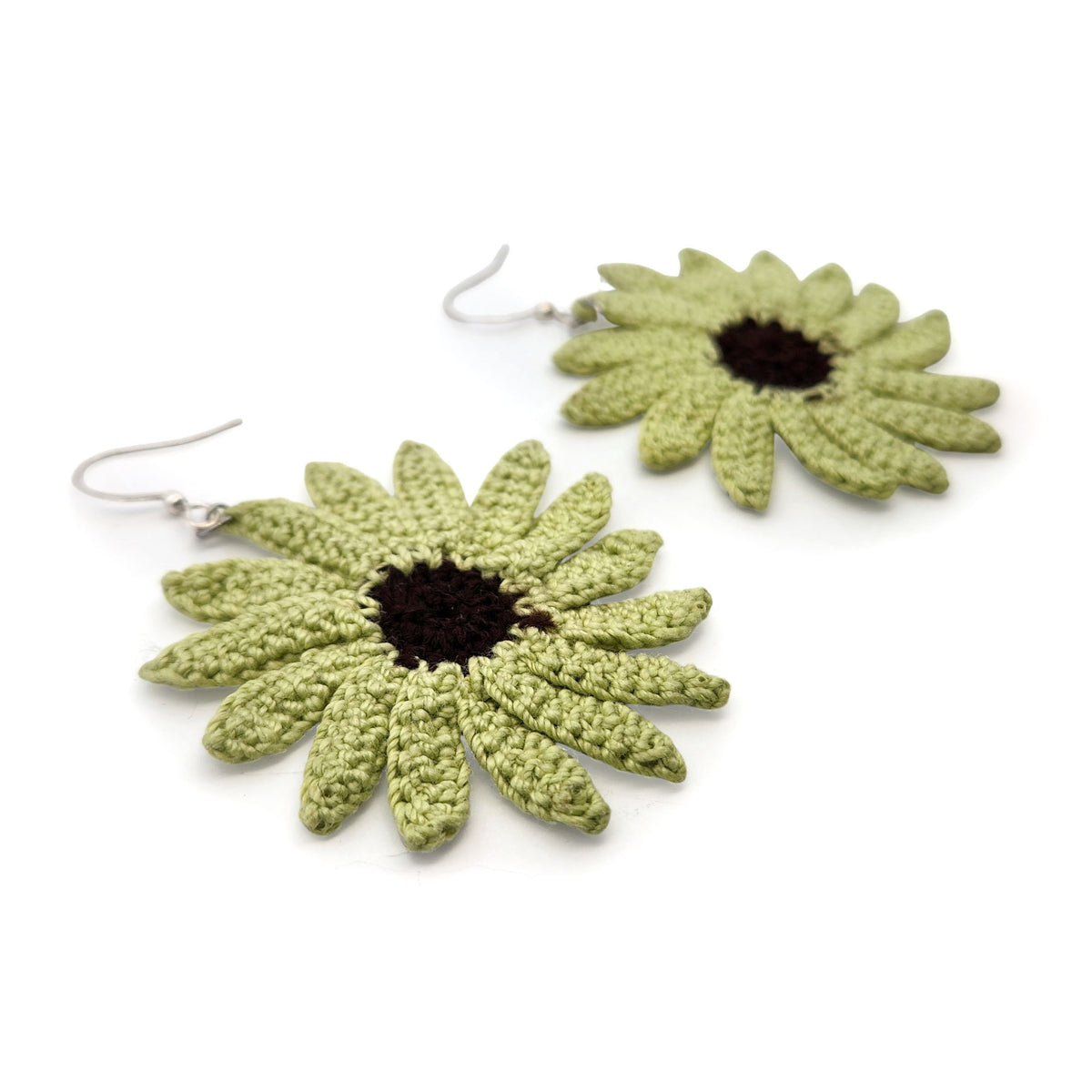 Green Echinacea Flower Embroidery Earrings