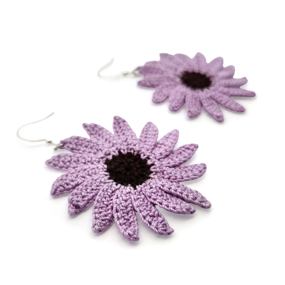 Purple Echinacea Flower Embroidery Earrings