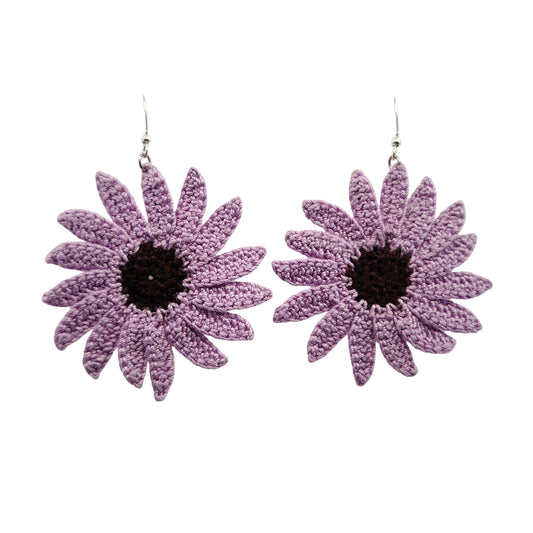 Purple Echinacea Flower Embroidery Earrings