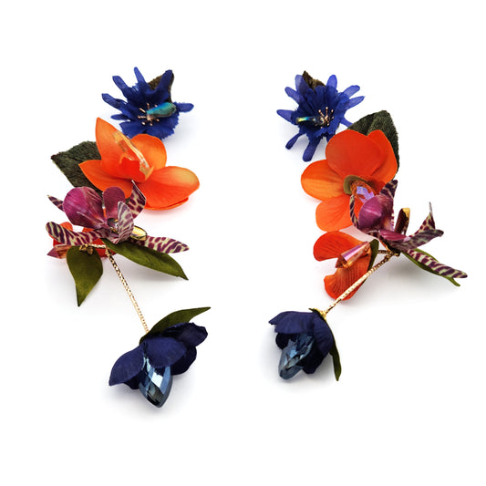 Cascading Orange & Blue Garden Party Flower Earrings