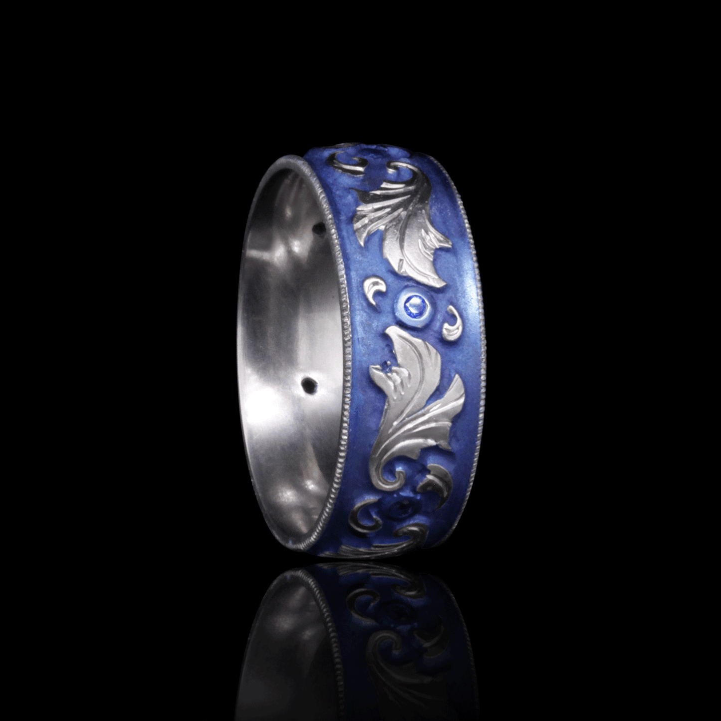 Lagoon Lustre - Blue Sapphire & Titanium Fine Etched Band