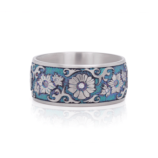 Titanium Floral Etched Band with Accent Moissanites