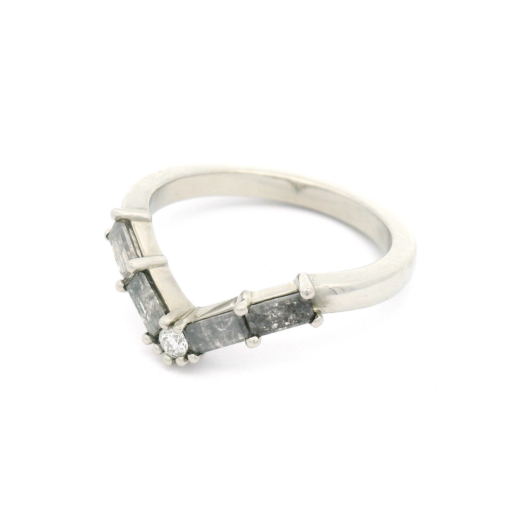 14k White Contour Band with 0.48cts Salt and Pepper Baguette Diamonds