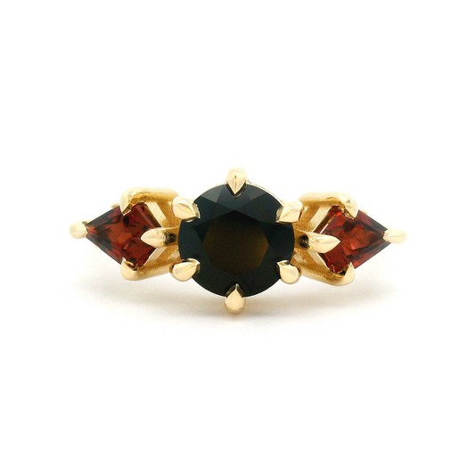 10k Yellow Three-Stone Ring with 1.31ct Black Spinel and 1.02cts Almandite Garnets