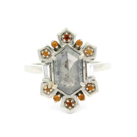 14k White Ring with 0.87ct Rose-Cut Diamond, Accent Diamond Baguettes and Citrines