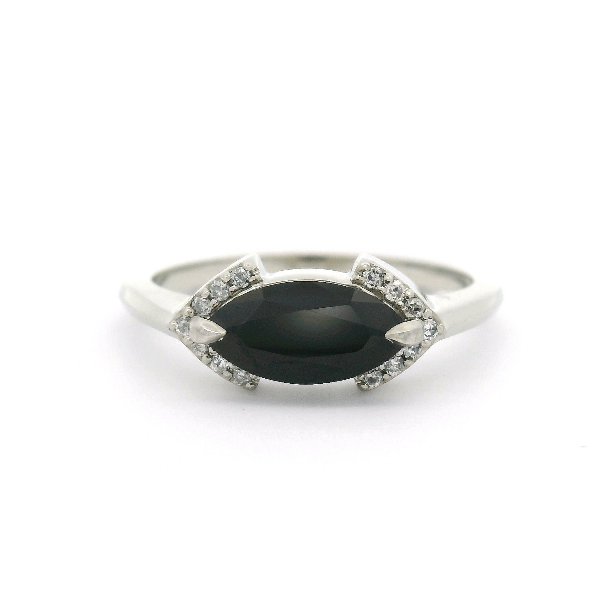 14k White Ring with Marquise Black Spinel and Accent Diamonds