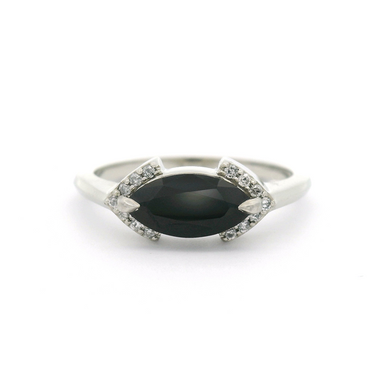 14k White Ring with Marquise Black Spinel and Accent Diamonds