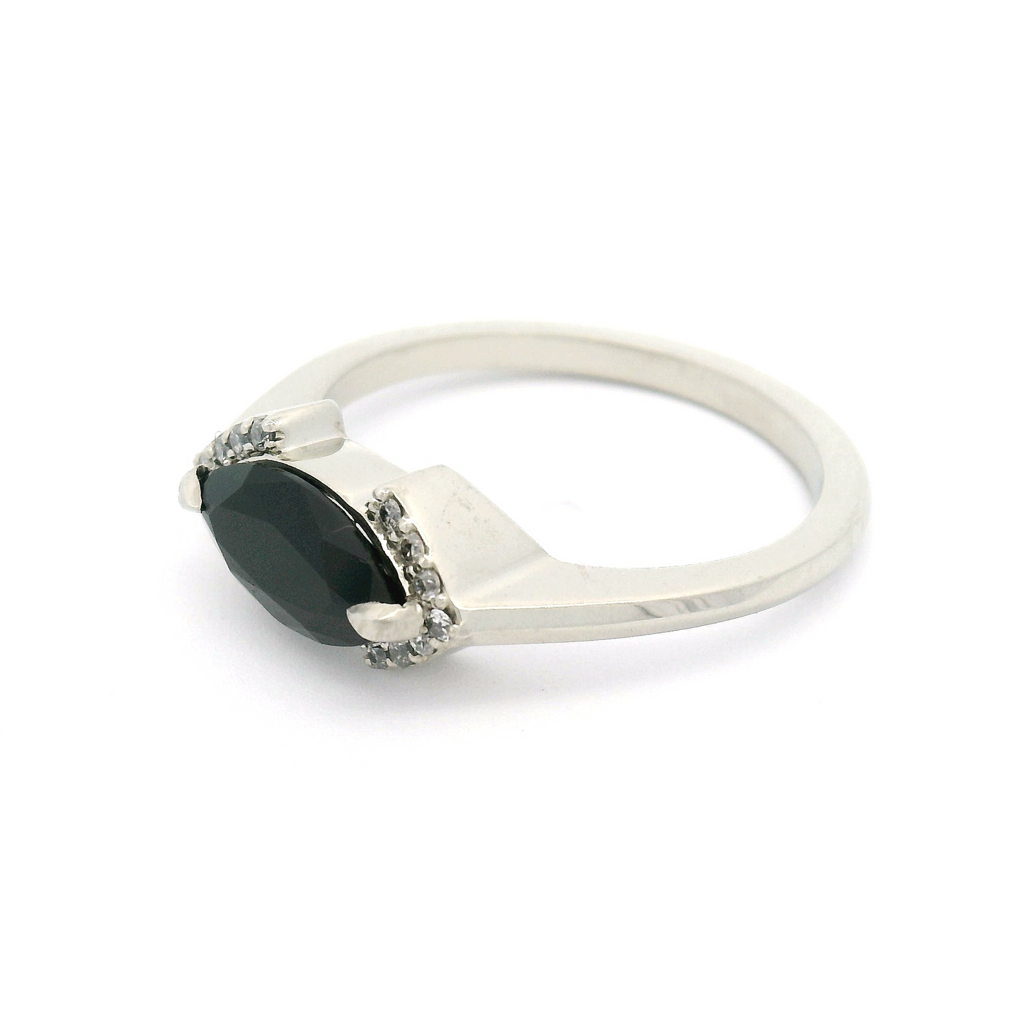 14k White Ring with Marquise Black Spinel and Accent Diamonds