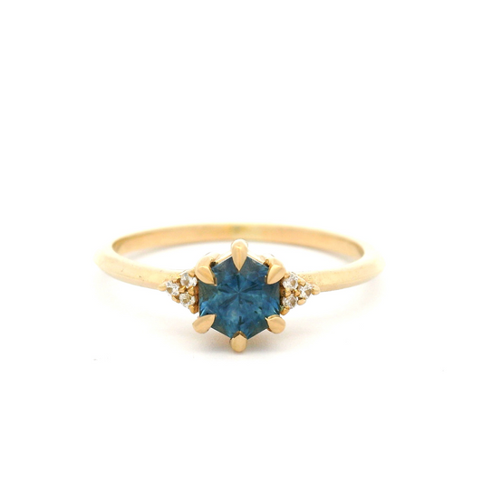 10k Yellow Engagement Ring with 0.66ct Montana Blue Hexagon Cut Sapphire and Accent Diamonds