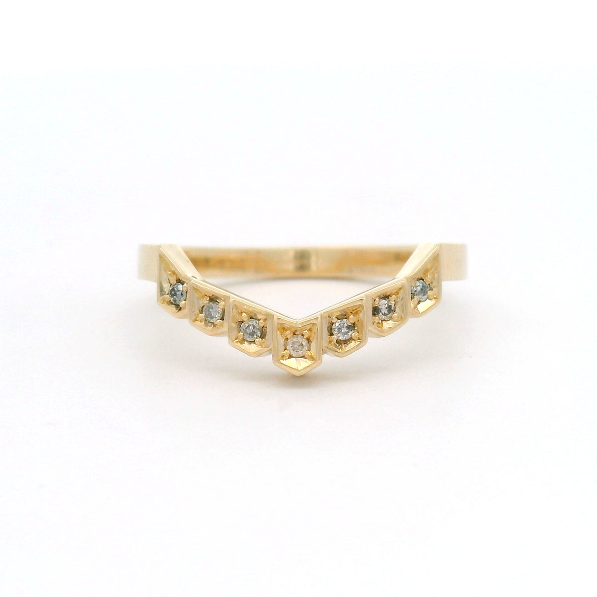 10K yellow gold contoured Art Deco-inspired wedding band with bead-set stations of black, salt-and-pepper, icy and colourless diamonds.