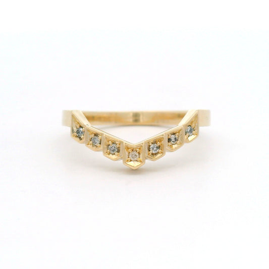 10K yellow gold contoured Art Deco-inspired wedding band with bead-set stations of black, salt-and-pepper, icy and colourless diamonds.