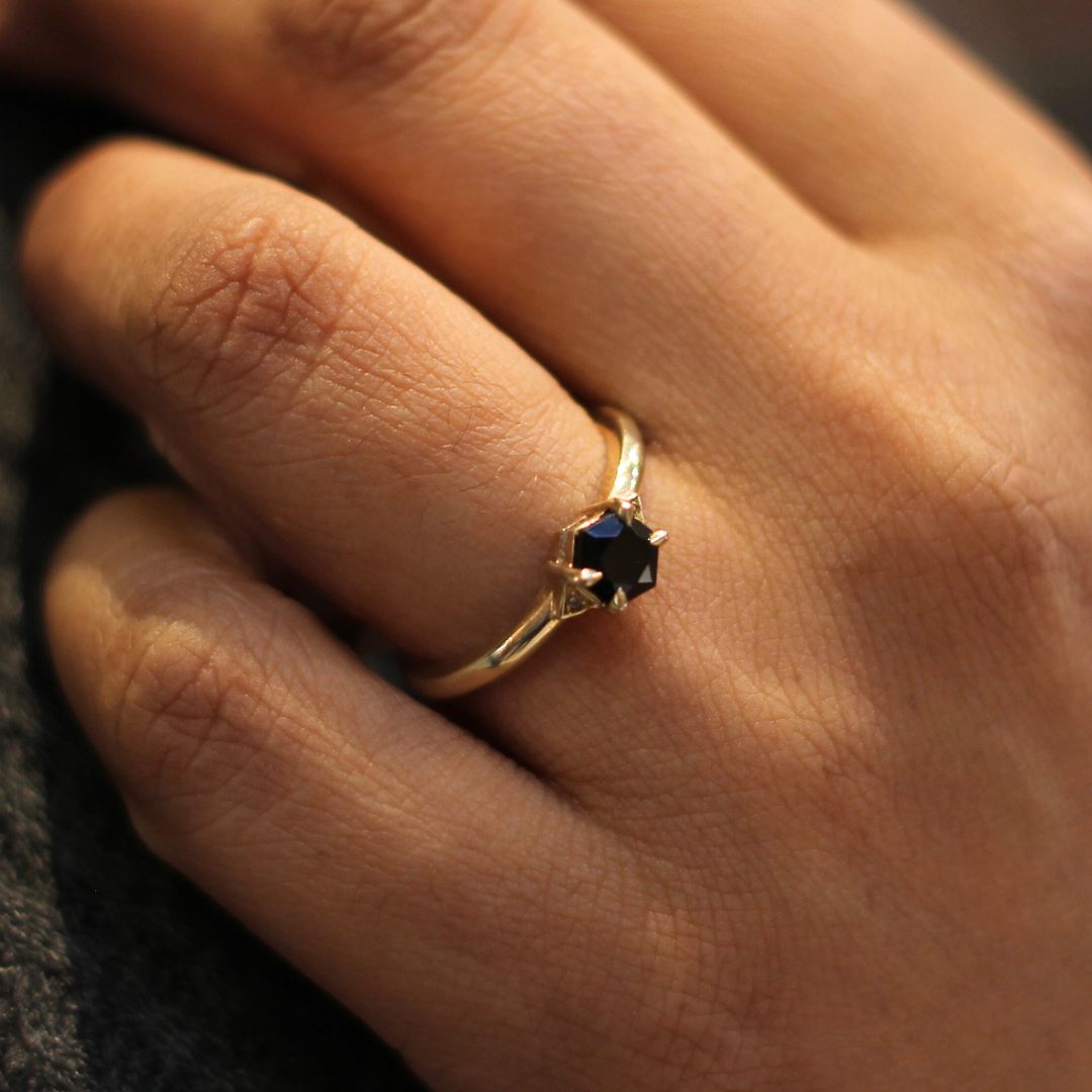 Hexagn-Cut Black Spinel Engagement Ring