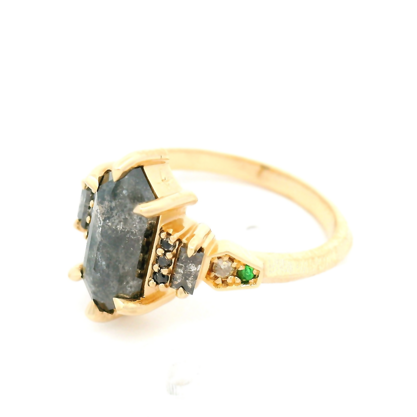 14k Yellow Ring with 2.36ct Rose-Cut Diamond, Accent Diamonds and Tsavorite Garnets