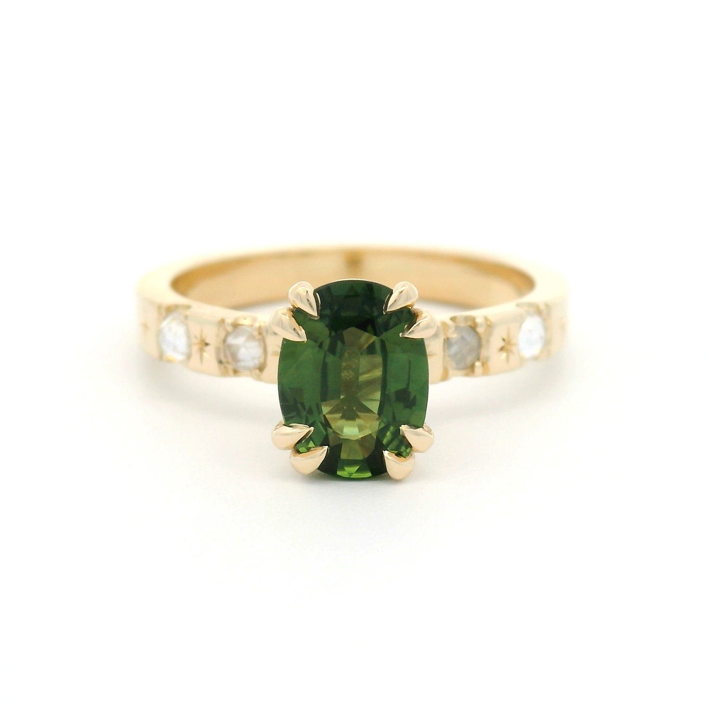 10k Yellow Engagement Ring with 1.37ct Natural Green Sapphire and Accent Moissanites
