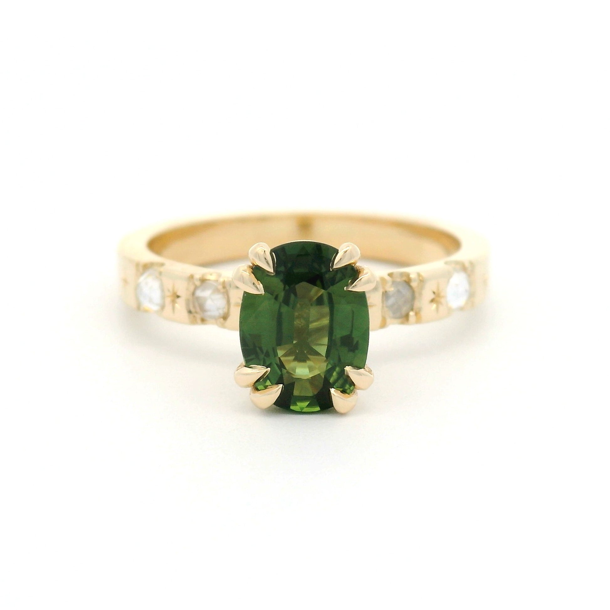 10k Yellow Engagement Ring with 1.37ct Natural Green Sapphire and Accent Moissanites