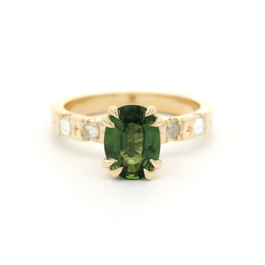 10k Yellow Engagement Ring with 1.37ct Natural Green Sapphire and Accent Moissanites