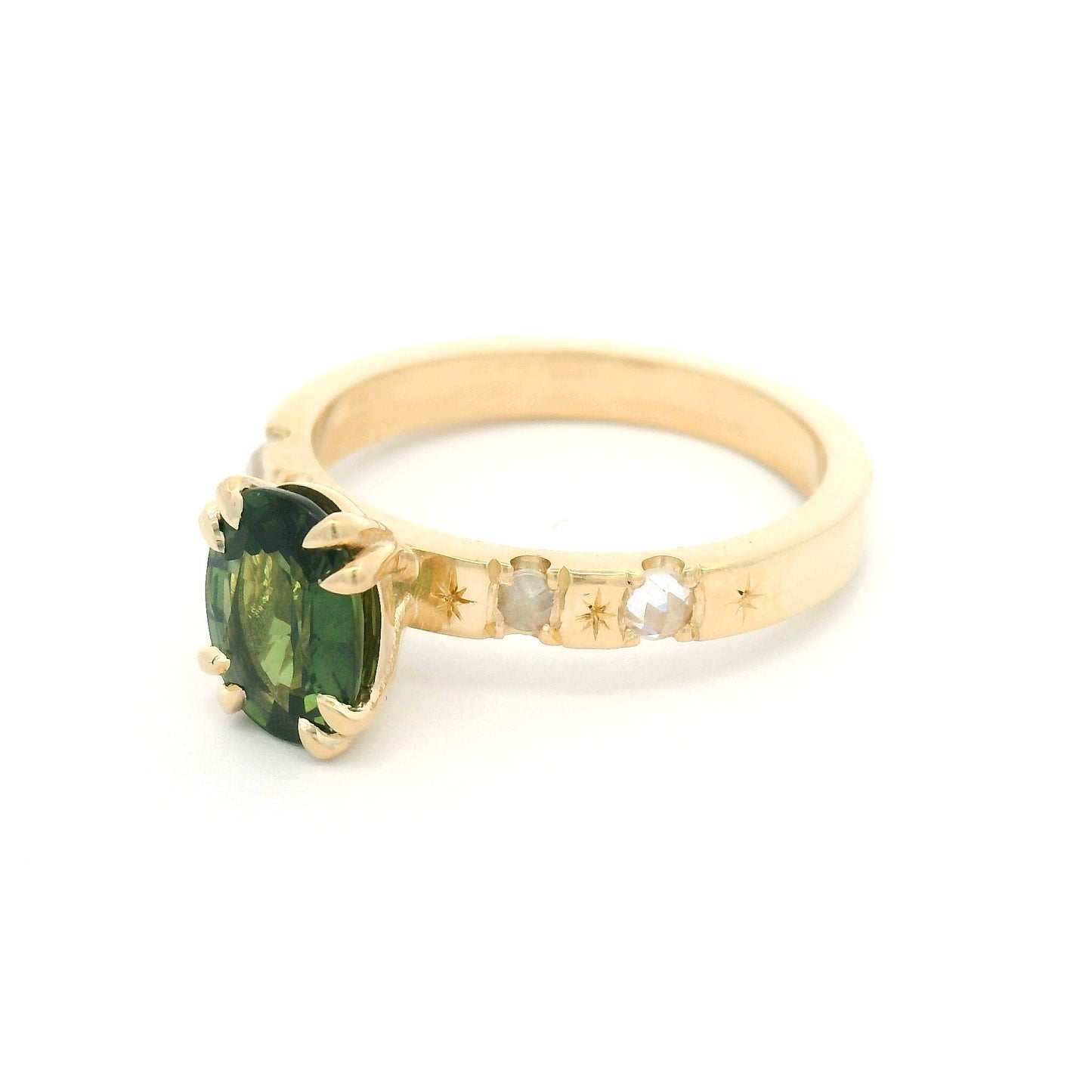 10k Yellow Engagement Ring with 1.37ct Natural Green Sapphire and Accent Moissanites