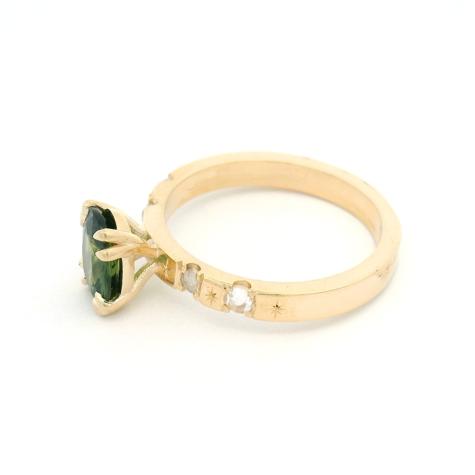 10k Yellow Engagement Ring with 1.37ct Natural Green Sapphire and Accent Moissanites