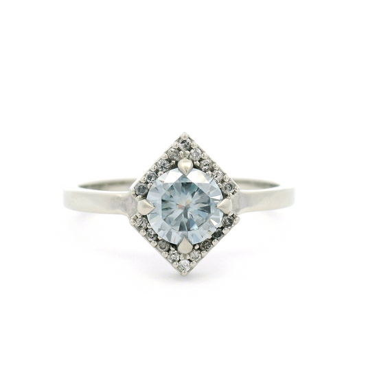 14k White Engagement Ring with 0.64ct Greyish Blue Moissanite with Accent Diamonds