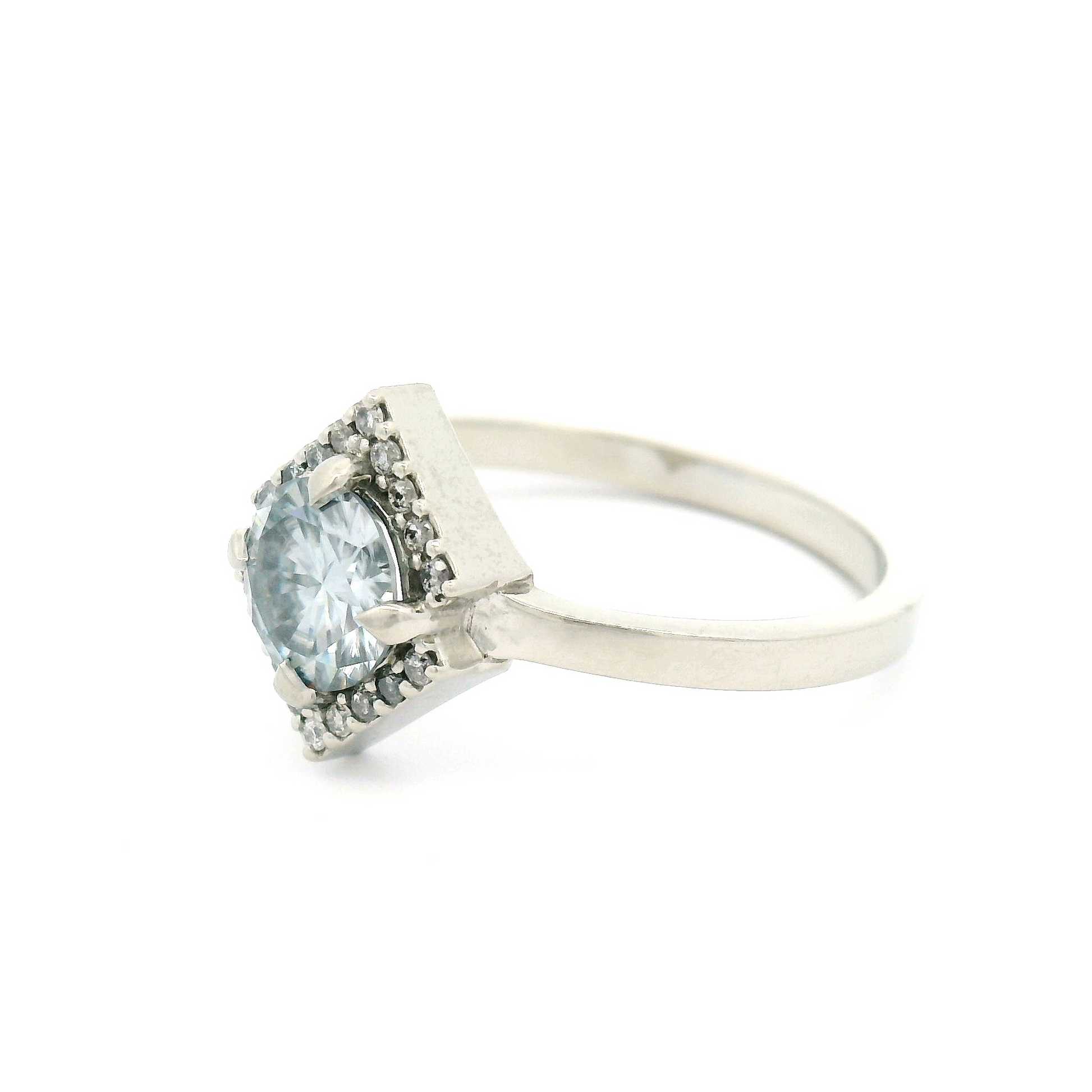 14k White Engagement Ring with 0.64ct Greyish Blue Moissanite with Accent Diamonds
