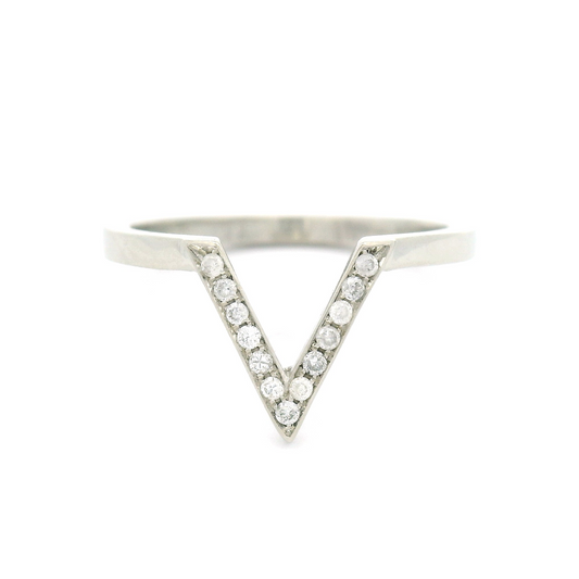 14k White Chevron Band with Bead-Set White Diamonds