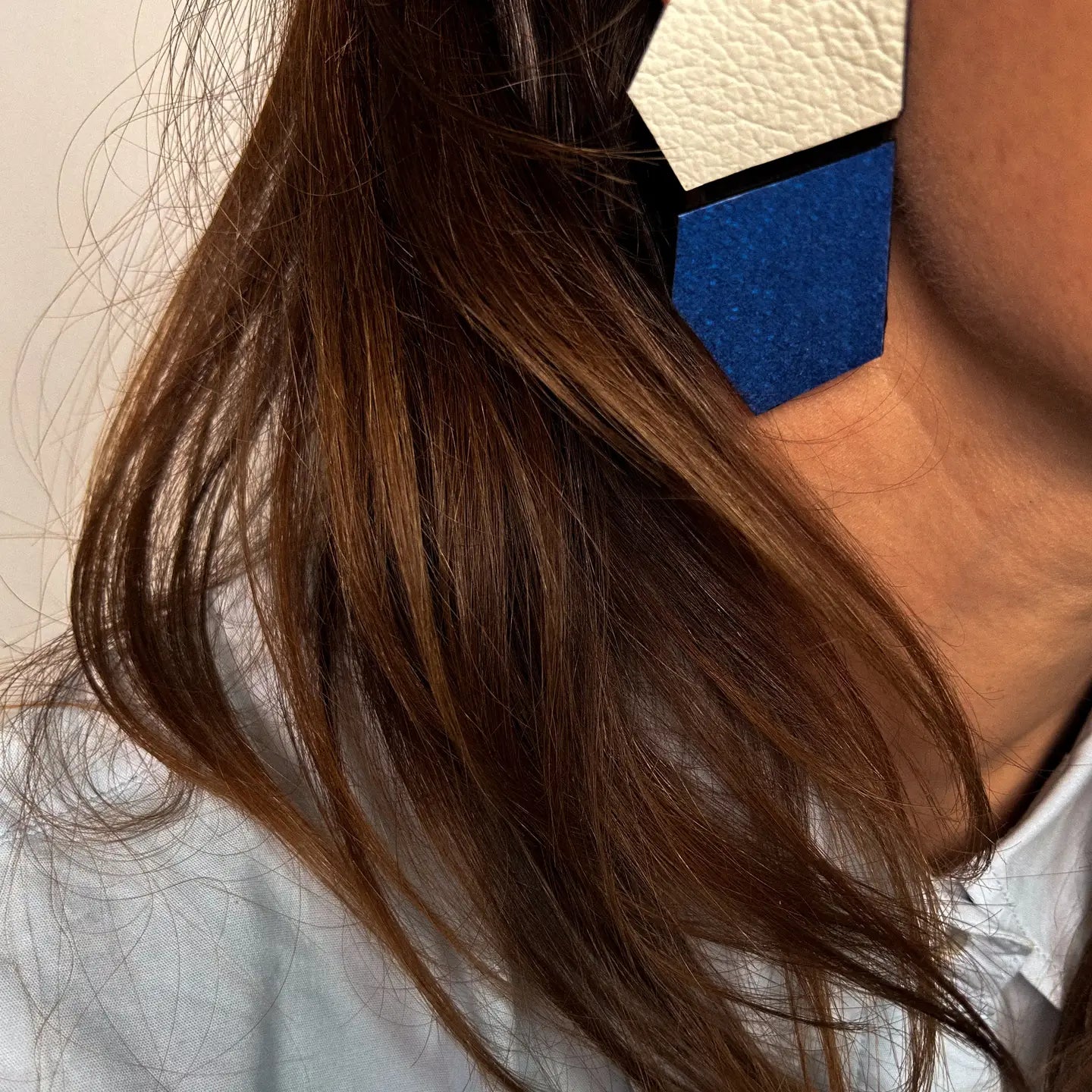 Angled Leather Drop Earrings Blue and White