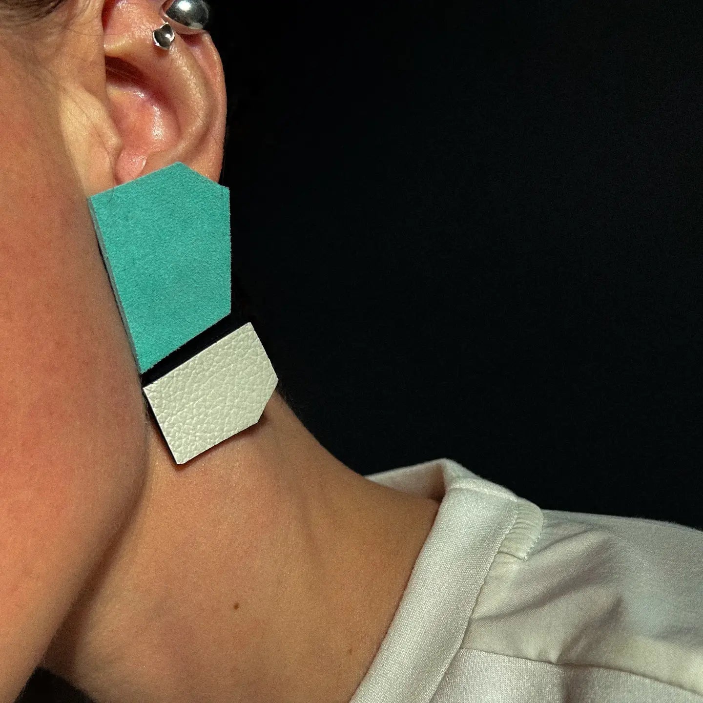 Angled Leather Drop Earrings Teal and White