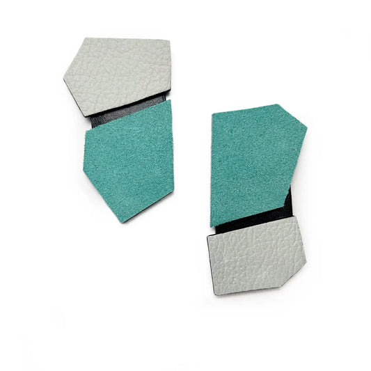 Angled Leather Drop Earrings Teal and White