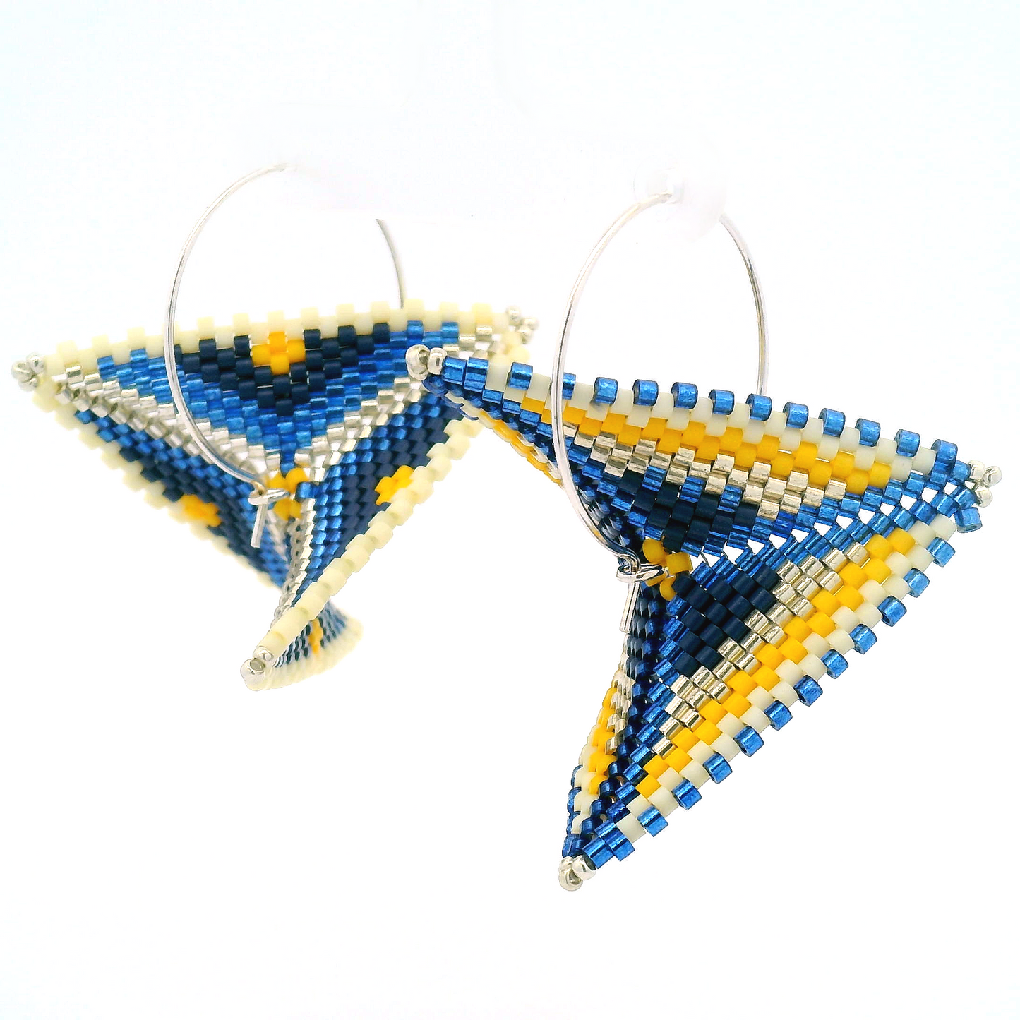 Blue & Yellow Asymmetrical Warped Hand Beaded Earrings