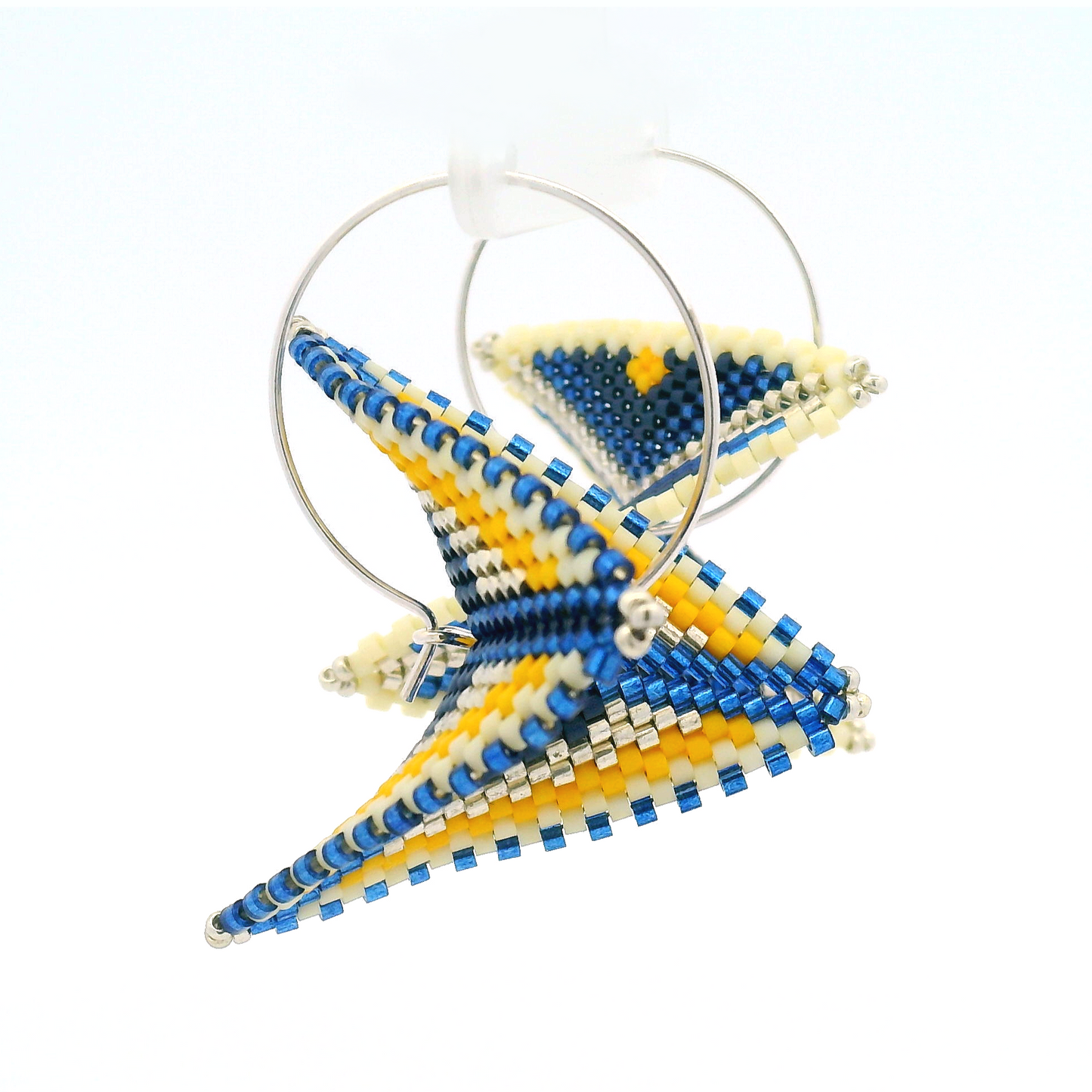 Blue & Yellow Asymmetrical Warped Hand Beaded Earrings
