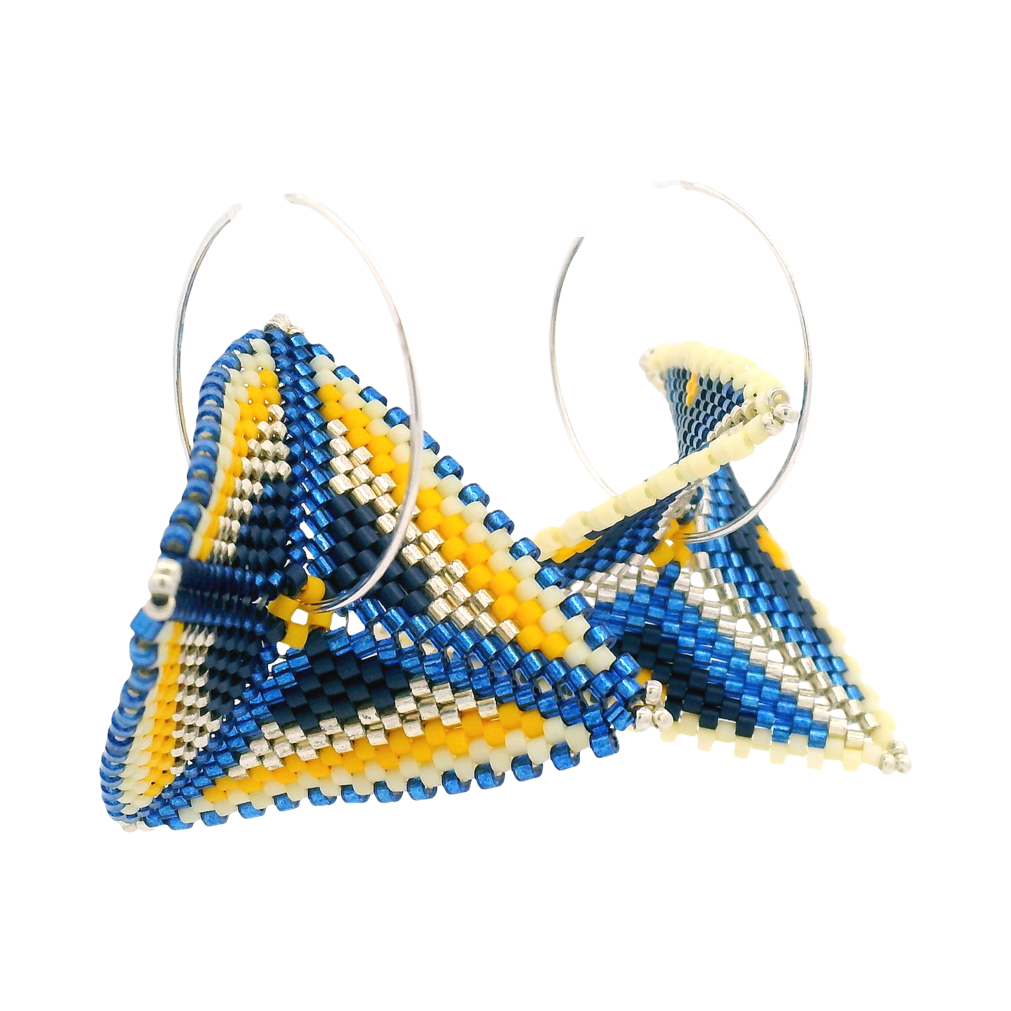 Blue & Yellow Asymmetrical Warped Hand Beaded Earrings