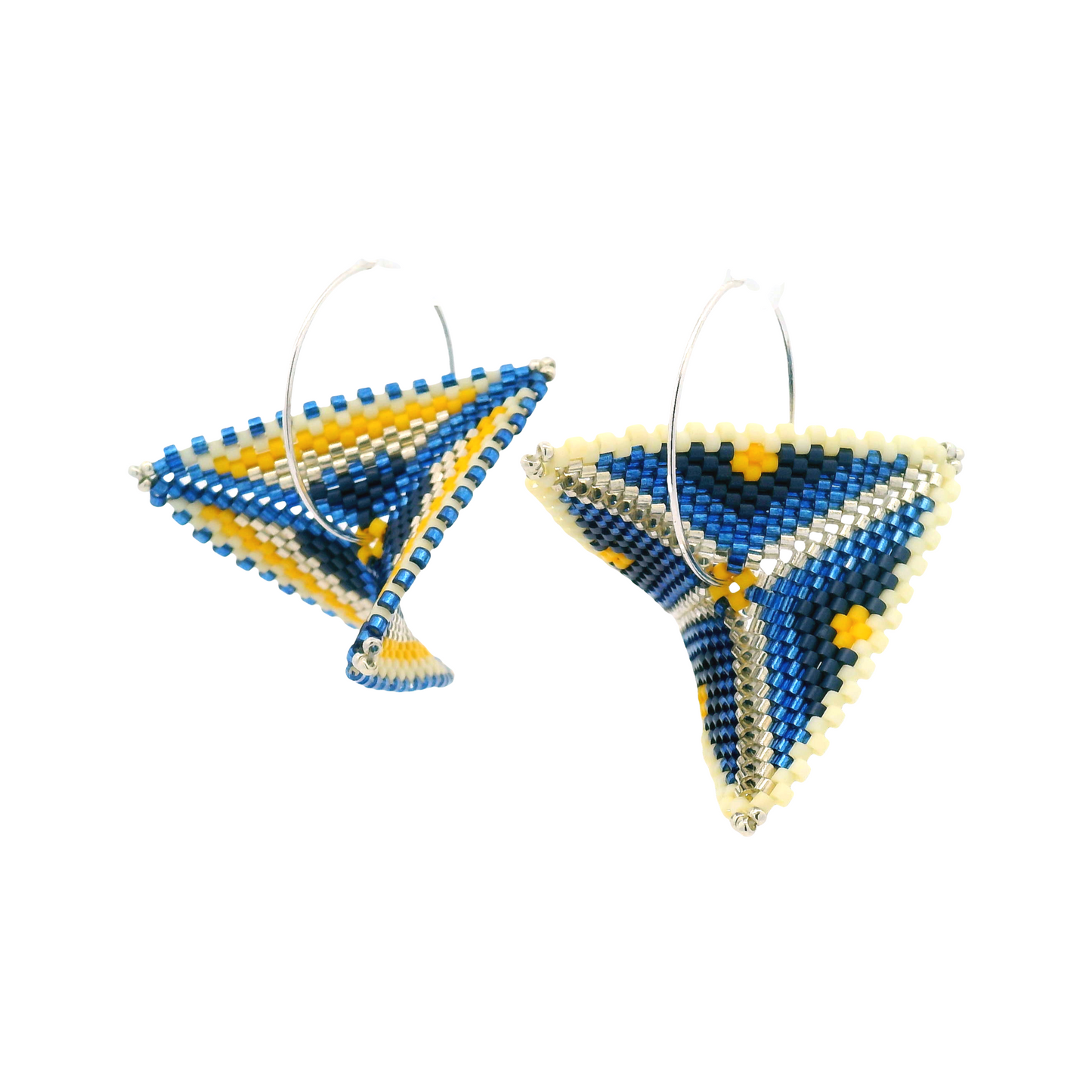 Blue & Yellow Asymmetrical Warped Hand Beaded Earrings