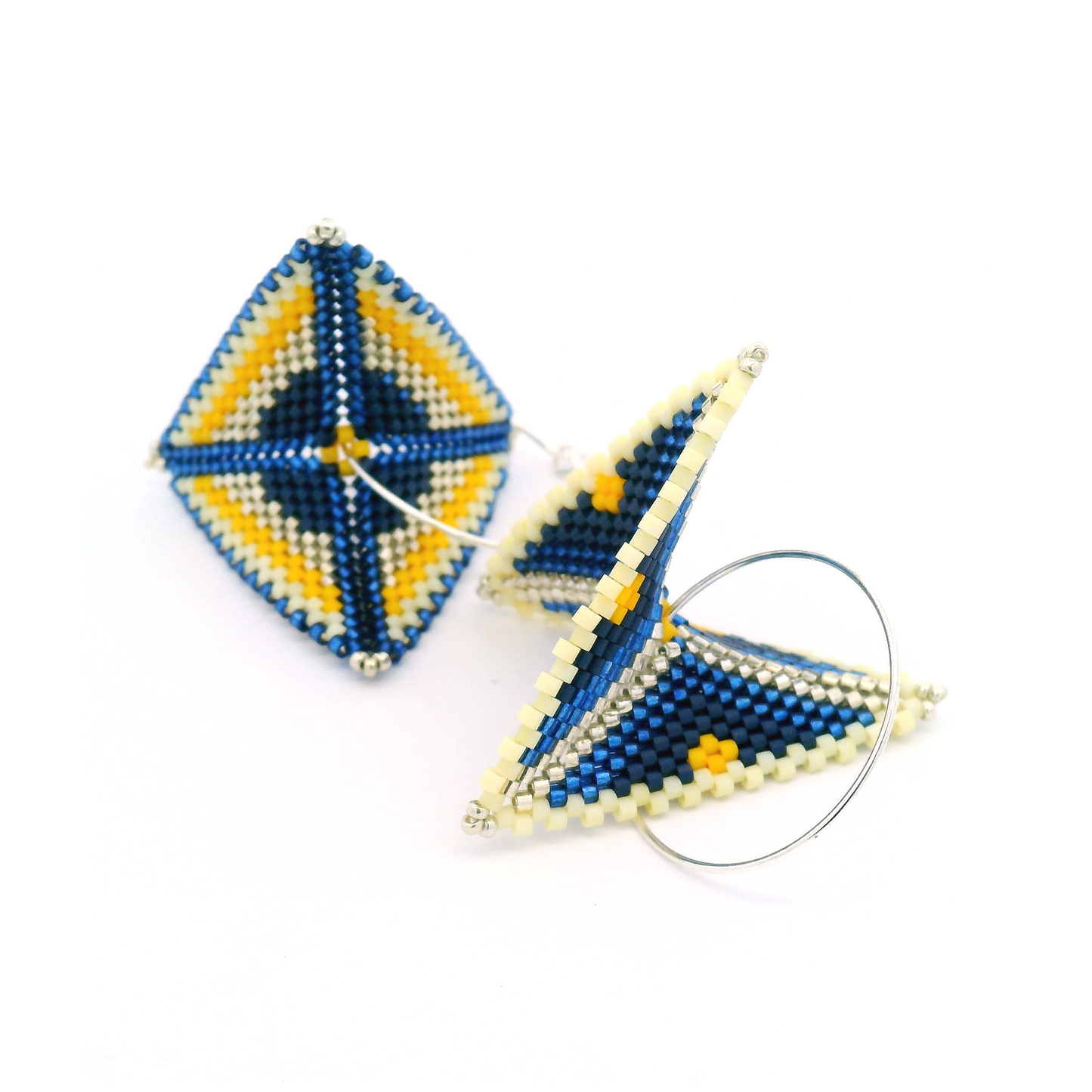 Blue & Yellow Asymmetrical Warped Hand Beaded Earrings