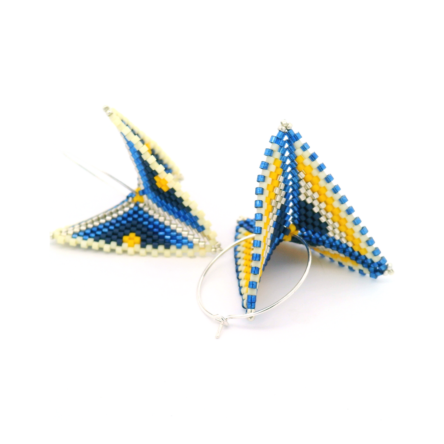 Blue & Yellow Asymmetrical Warped Hand Beaded Earrings