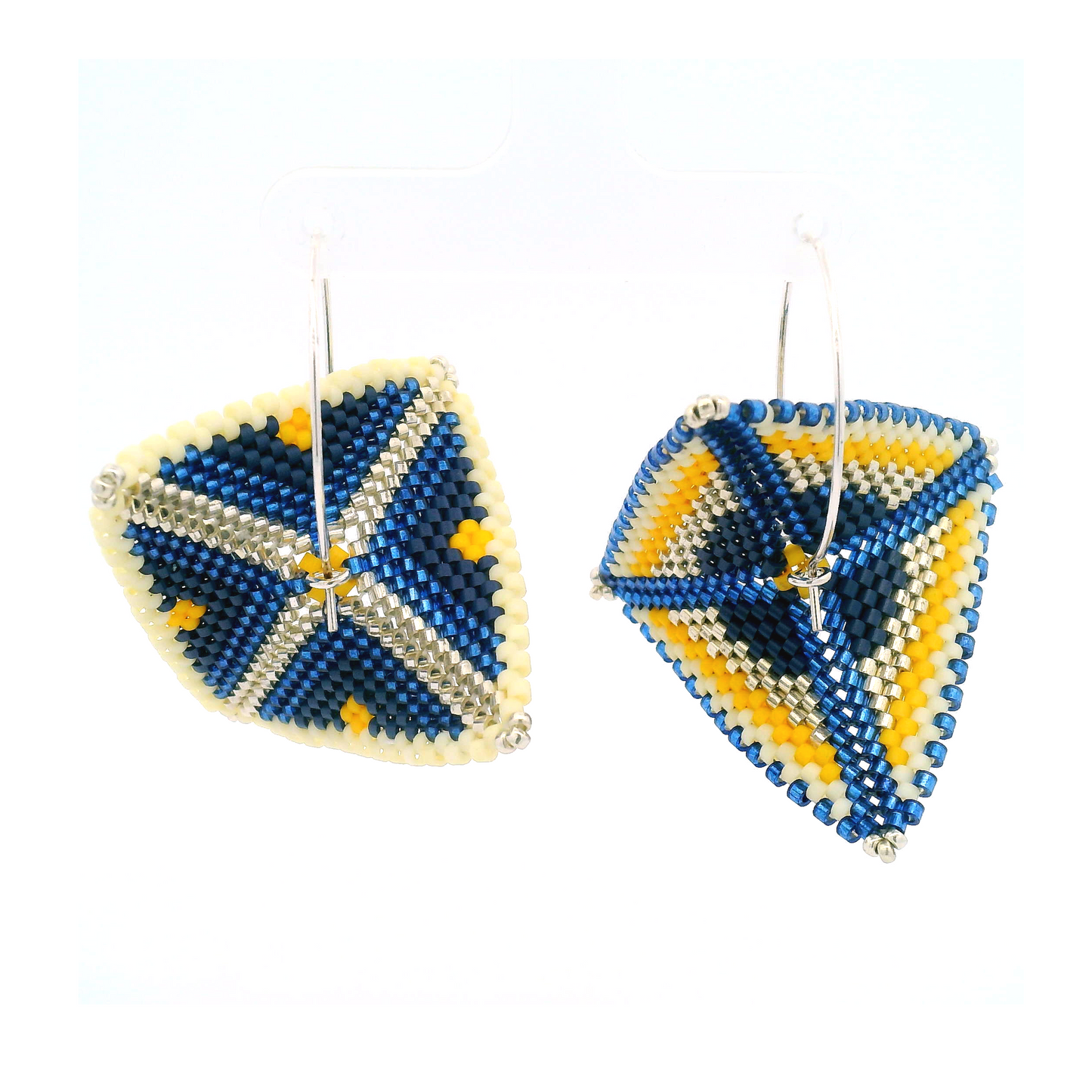 Blue & Yellow Asymmetrical Warped Hand Beaded Earrings